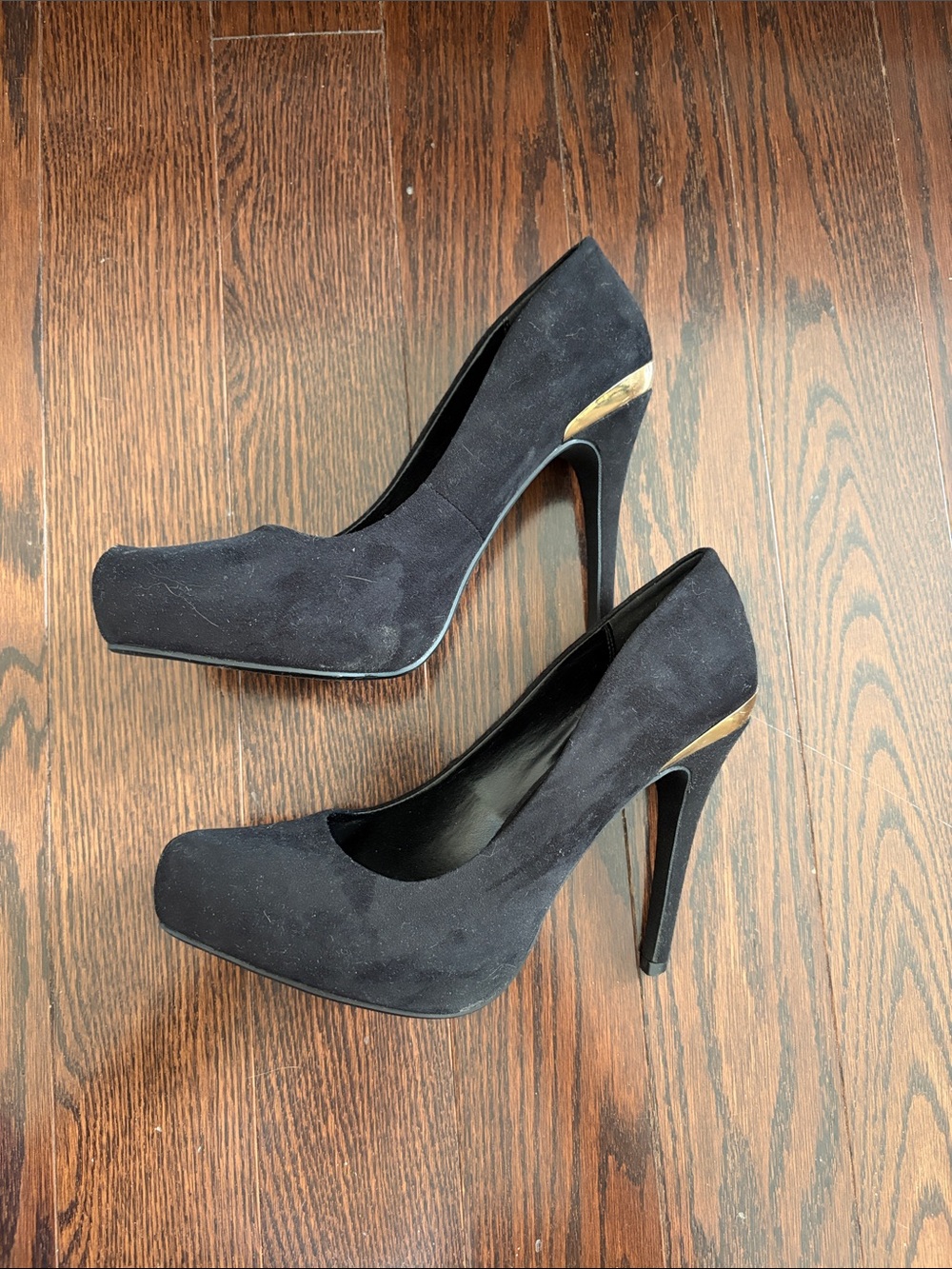 Call It Spring Black Suede Platform Stiletto Pumps with Gold Accent